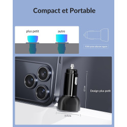 70W Chargeur Allume Cigare USB C, 3-Port Prise Téléphone Chargeur Rapide Voiture+1M USB-C Câble pour iPhone 17e 17 16 16e 15 Pro