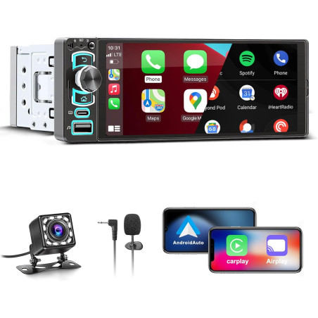 Autoradio 1 din,carplay voiture & android auto sans fil,poste radio bleutooth main libre,wireless autoradio avec caméra de recul