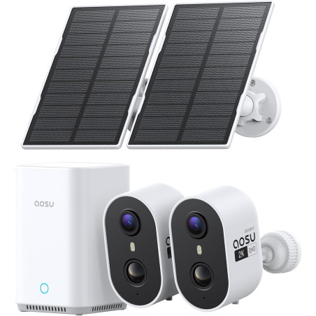 aosu 2K Caméra Surveillance WiFi Extérieure sans Fil Solaire, 2 Caméras Kit & aosuBase 2.0, sans Abonnement 32 Go Inclus, Extens