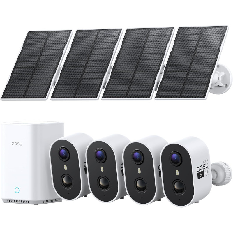 aosu 2K Camera Surveillance WiFi Exterieure sans Fil Solaire, Kit 4 Caméras avec aosuBase, sans Abonnement Stockage Local, Alarm
