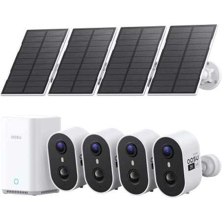 aosu 2K Camera Surveillance WiFi Exterieure sans Fil Solaire, Kit 4 Caméras avec aosuBase, sans Abonnement Stockage Local, Alarm