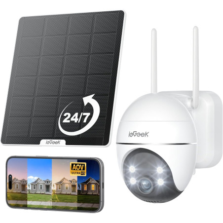 ieGeek 24/7 Enregistrement AOV 2K Camera Surveillance WiFi Exterieure sans Fil Solaire, Suivi Automatique, 360° PTZ, Batterie 90