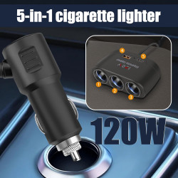 5 en 1 Multiprise Allume Cigare 12V/24V, 120W Prise Allume Cigare USB C, Chargeur Voiture, Chargeur Multifonctionnel avec 1 Port