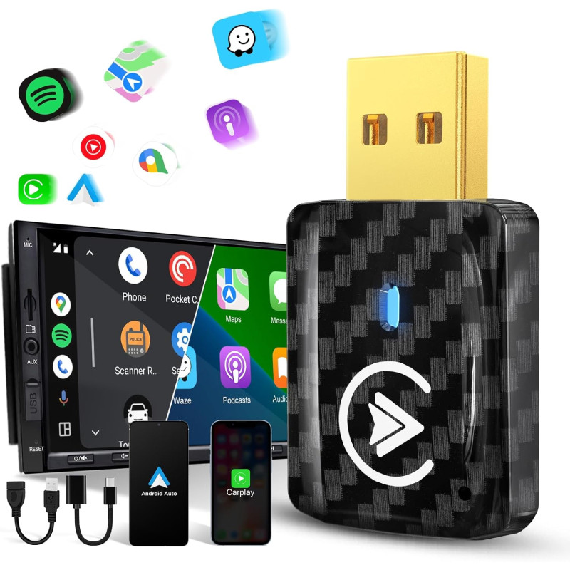 MSXTTLY Adaptateur CarPlay sans Fil Android Auto - U2AC-01 Transforme CarPlay & Android Auto Filaire en sans Fil, Compatible ave
