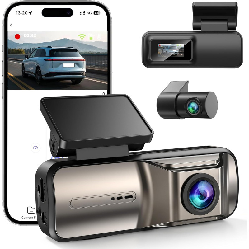 Dashcam Voiture Avant Arriere 4K +1080P, Contrôle APP avec Wi-FI 5G, Carte 64 Go, Moniteur de Stationnement 24H, WDR, Vision Noc
