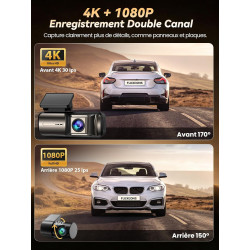 Dashcam Voiture Avant Arriere 4K +1080P, Contrôle APP avec Wi-FI 5G, Carte 64 Go, Moniteur de Stationnement 24H, WDR, Vision Noc