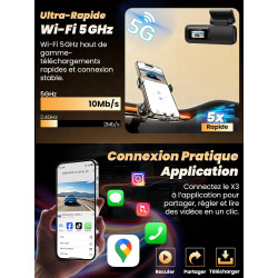 Dashcam Voiture Avant Arriere 4K +1080P, Contrôle APP avec Wi-FI 5G, Carte 64 Go, Moniteur de Stationnement 24H, WDR, Vision Noc