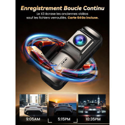 Dashcam Voiture Avant Arriere 4K +1080P, Contrôle APP avec Wi-FI 5G, Carte 64 Go, Moniteur de Stationnement 24H, WDR, Vision Noc