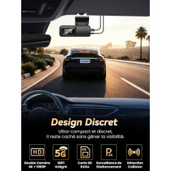 Dashcam Voiture Avant Arriere 4K +1080P, Contrôle APP avec Wi-FI 5G, Carte 64 Go, Moniteur de Stationnement 24H, WDR, Vision Noc