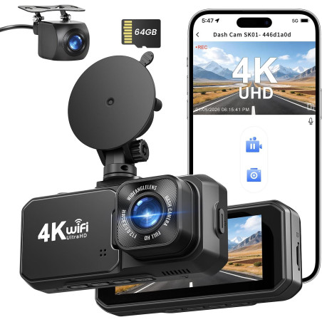 Dashcam Voiture Avant Arrière, 4K+1080P Double Caméra WiFi avec Application, Camera Embarquée Voiture IPS 3.18" avec Carte 64Go 