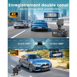 Dashcam Voiture Avant Arrière, 4K+1080P Double Caméra WiFi avec Application, Camera Embarquée Voiture IPS 3.18" avec Carte 64Go 