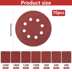 70 Pcs Disque Abrasif 125mm, Papier a Poncer 125mm, Grain 40/60/80/100/120/180/240 Papier Abrasif pour Ponceuses Excentrique, di