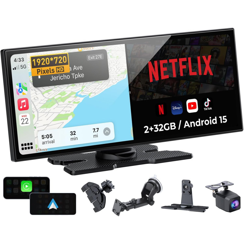 Écran carplay portable 11,5” hd –streaming netflix/youtube, carplay sans fil & android auto, bleutooth double, écran partagé, ca