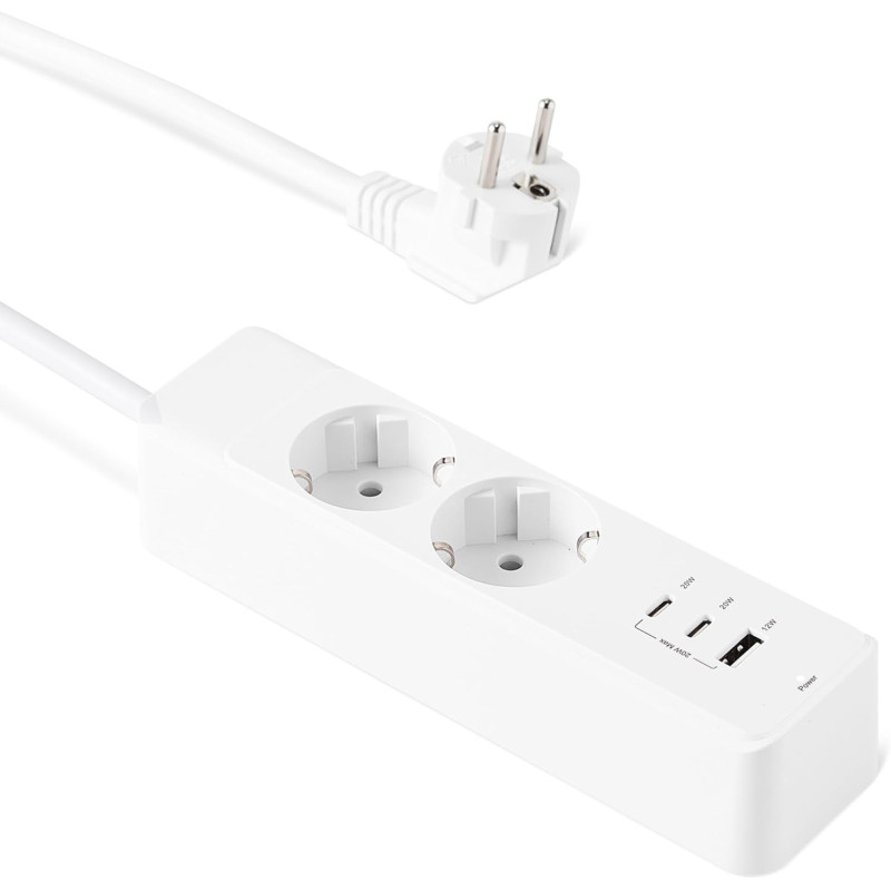 Amazon Basics Multiprise avec 2 Prises Secteur, Recharge Rapide USB-C 20W, 2 Ports USB-C, 1 Port USB-A, Rallonge de 1,5m, pour l