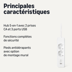 Amazon Basics Multiprise avec 2 Prises Secteur, Recharge Rapide USB-C 20W, 2 Ports USB-C, 1 Port USB-A, Rallonge de 1,5m, pour l