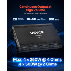 VEVOR Amplificateur Audio Voiture, Ampli de Puissance à 4 Canaux Pontables pour Subwoofer, Max. 4x250 W sous 4 ohms/4x500 W sous