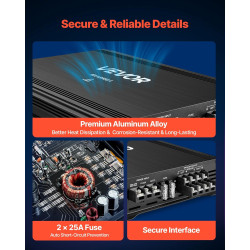 VEVOR Amplificateur Audio Voiture, Ampli de Puissance à 4 Canaux Pontables pour Subwoofer, Max. 4x250 W sous 4 ohms/4x500 W sous