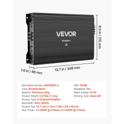 VEVOR Amplificateur Audio Voiture, Ampli de Puissance à 4 Canaux Pontables pour Subwoofer, Max. 4x250 W sous 4 ohms/4x500 W sous