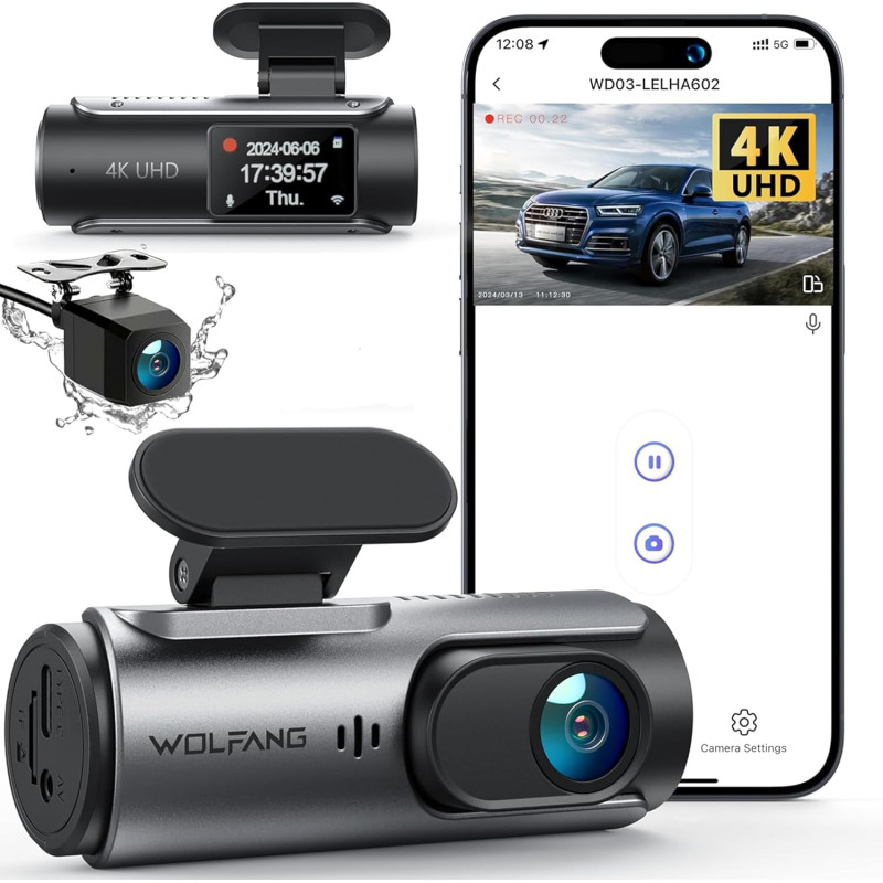 WOLFANG 4K Dashcam Voiture Avant Arrière, Wi-FI Caméra Voiture, Grand Angle 170° G-Capteur, Caméra Embarquée Voiture avec Mode S