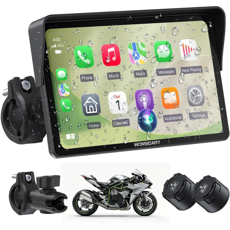 Écran moto carplay 7 pouces w722tpms,carplay et android auto sans fil avec tpms,gps moto écran tactile étanche ip67,double bleut