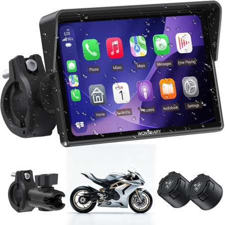 W522tpms écran moto carplay sans fil 5 pouces avec android auto, gps moto avec tpms, écran ips tactile ip67 étanche, commande vo