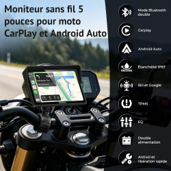 W522tpms écran moto carplay sans fil 5 pouces avec android auto, gps moto avec tpms, écran ips tactile ip67 étanche, commande vo