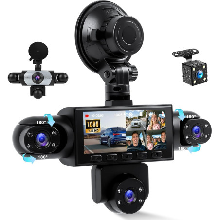 CAMECHO 5 Canaux Vision Nocturne Dashcam 1080P Rotation à 360° Caméra Voiture Embarquée Avant et arrière, 3,16'' Dashcam Mode Pa