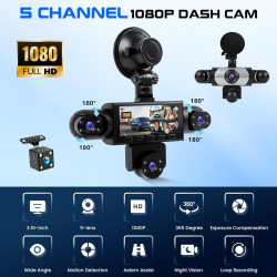 CAMECHO 5 Canaux Vision Nocturne Dashcam 1080P Rotation à 360° Caméra Voiture Embarquée Avant et arrière, 3,16'' Dashcam Mode Pa
