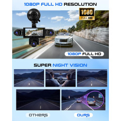 CAMECHO 5 Canaux Vision Nocturne Dashcam 1080P Rotation à 360° Caméra Voiture Embarquée Avant et arrière, 3,16'' Dashcam Mode Pa