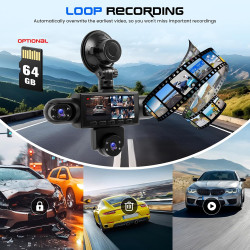 CAMECHO 5 Canaux Vision Nocturne Dashcam 1080P Rotation à 360° Caméra Voiture Embarquée Avant et arrière, 3,16'' Dashcam Mode Pa