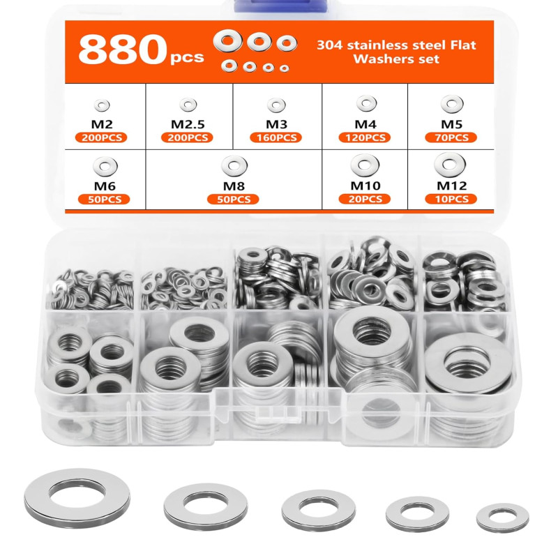 880 Pcs Rondelle M2 M2.5 M3 M4 M5 M6 M8 M10 M12, Rondelles pour Gonds de Porte, Rondelle Plate Métalliques, Rondelles en acier i