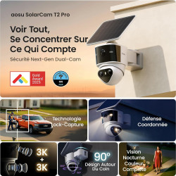 AOSU T2 Pro 3K Camera Surveillance WiFi Exterieure Sans Fil Solaire, Double Caméra 5MP 360° PTZ + 170° Grand Angle Sans Angle Mo