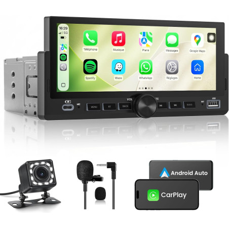 Autoradio 1 din, carplay voiture & android auto sans fil, poste radio bleutooth main libre, écran tactile, navigation gps, contr