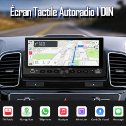 Autoradio 1 din, carplay voiture & android auto sans fil, poste radio bleutooth main libre, écran tactile, navigation gps, contr