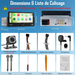 Autoradio 1 din, carplay voiture & android auto sans fil, poste radio bleutooth main libre, écran tactile, navigation gps, contr