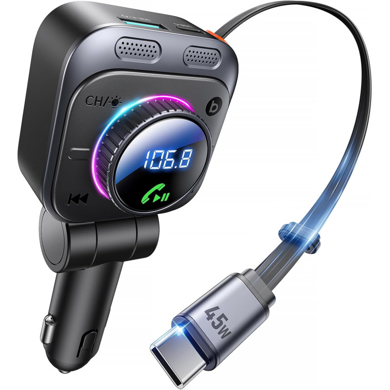 Lencent transmetteur fm bleutooth 5.4 72 w pour voiture, adaptateur bleutooth pour voiture avec câble de charge extensible, allu
