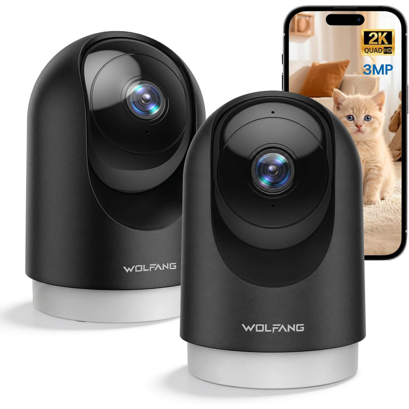 WOLFANG Camera Interieur 2K WiFi, Caméra Intérieure 360° PTZ avec Suivi Automatique, Vision Nocturne & Audio Bidirectionnel, Bab
