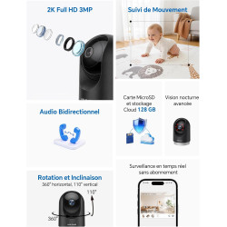 WOLFANG Camera Interieur 2K WiFi, Caméra Intérieure 360° PTZ avec Suivi Automatique, Vision Nocturne & Audio Bidirectionnel, Bab