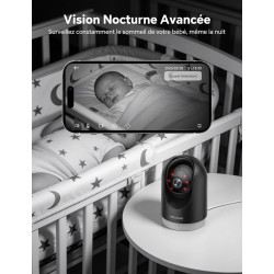 WOLFANG Camera Interieur 2K WiFi, Caméra Intérieure 360° PTZ avec Suivi Automatique, Vision Nocturne & Audio Bidirectionnel, Bab