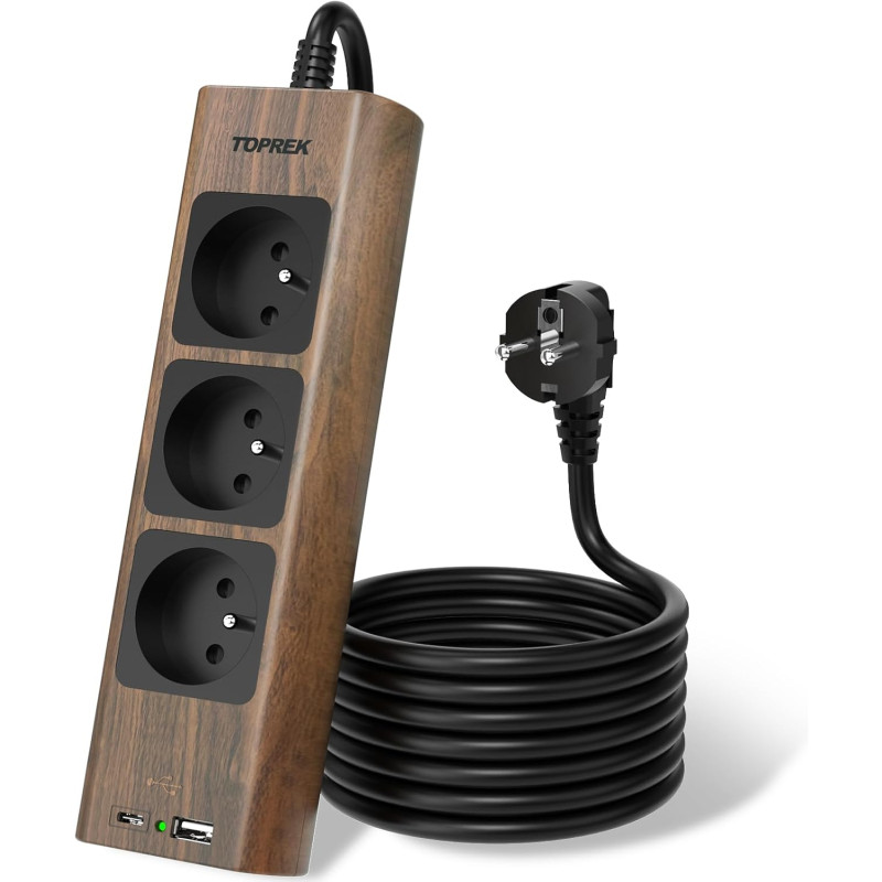 TOPREK Multiprise USB, Rallonge Multiprise en Finition Bois Marron 1.5M avec 3 Prises AC Française, 1 USB C et 1 USB A, 1 Interr