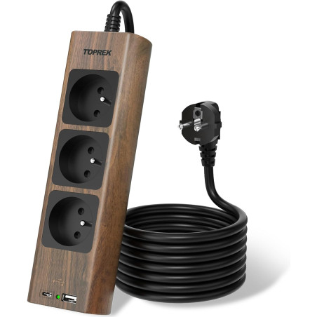 TOPREK Multiprise USB, Rallonge Multiprise en Finition Bois Marron 1.5M avec 3 Prises AC Française, 1 USB C et 1 USB A, 1 Interr