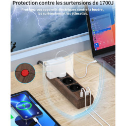TOPREK Multiprise USB, Rallonge Multiprise en Finition Bois Marron 1.5M avec 3 Prises AC Française, 1 USB C et 1 USB A, 1 Interr