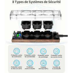 TOPREK Multiprise USB, Rallonge Multiprise en Finition Bois Marron 1.5M avec 3 Prises AC Française, 1 USB C et 1 USB A, 1 Interr