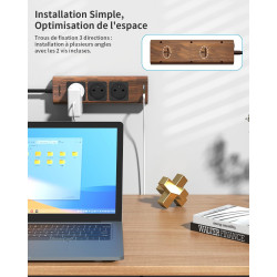 TOPREK Multiprise USB, Rallonge Multiprise en Finition Bois Marron 1.5M avec 3 Prises AC Française, 1 USB C et 1 USB A, 1 Interr