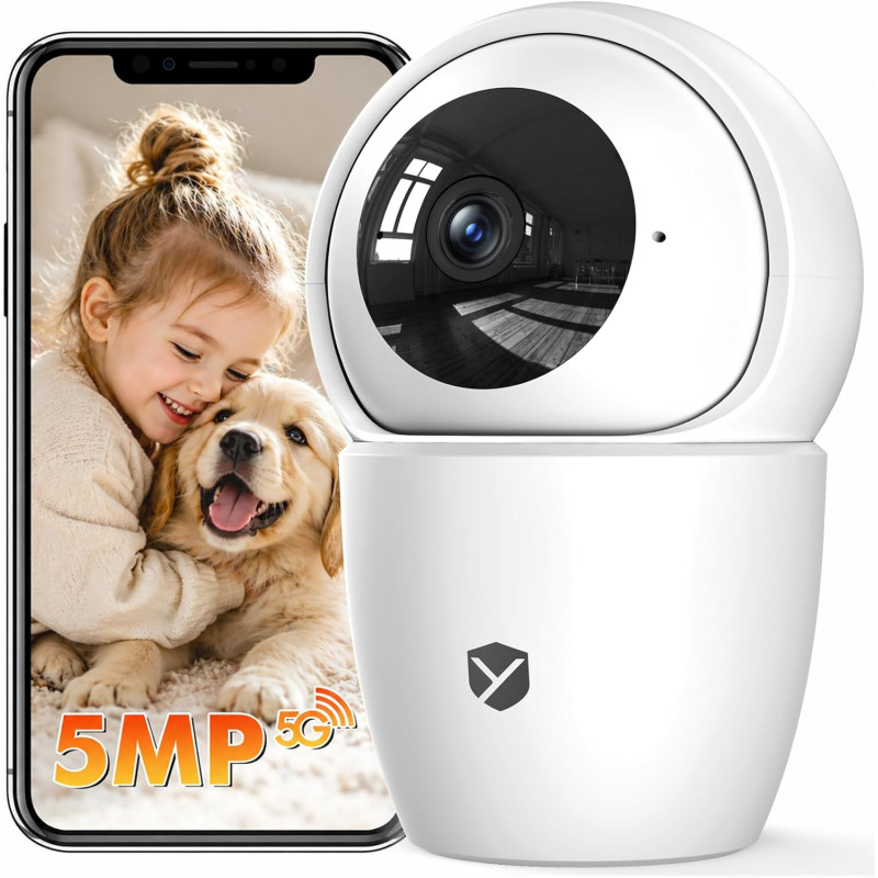 3K 5 MP Caméra WiFi Interne, 2,4/5 GHz Caméra de Surveillance intérieure 360 caméras avec Suivi Automatique, Vision Nocturne, dé