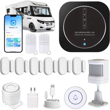 Alarme de Camping Car – WIFI/4G – Surveillance 24h/24h – Alerte sur téléphone - 2 Sirènes – Basse consommation – Adapté aux cloi