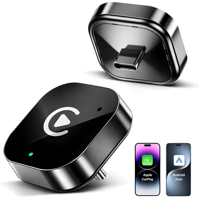 Adaptateur de voiture sans fil USB‑C CarPlay et Android - Dongle filaire vers câble - Plug & Play - Compatible avec iPhone et sm