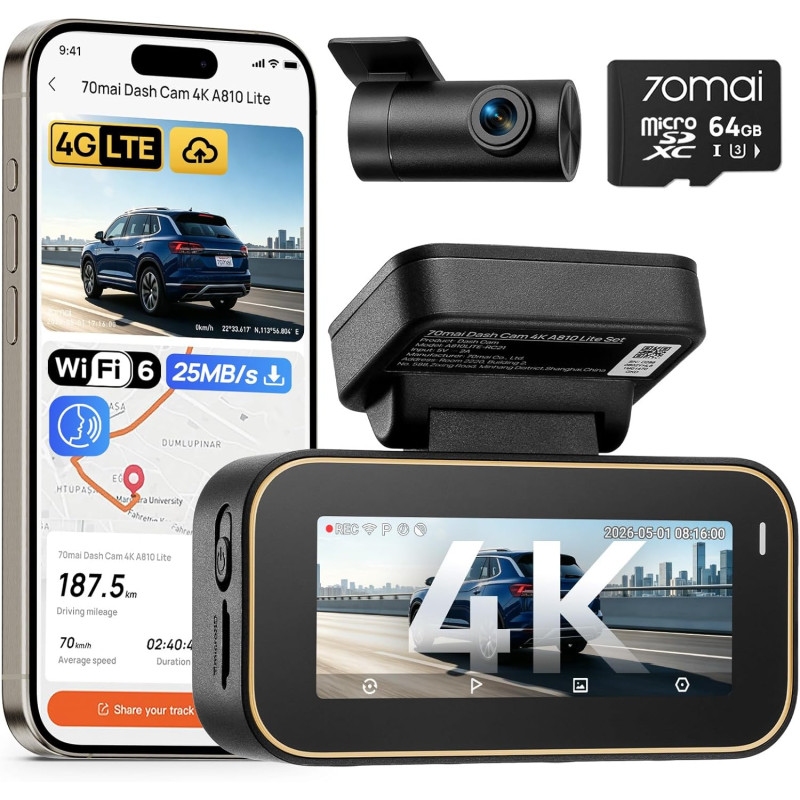 70mai Dashcam Voiture Avant et Arrière A810 Lite , 4K Dash Cam Compatible 4G LTE WiFi 6 5GHz, Vision Nocturne HDR, Mode Stationn