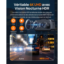 70mai Dashcam Voiture Avant et Arrière A810 Lite , 4K Dash Cam Compatible 4G LTE WiFi 6 5GHz, Vision Nocturne HDR, Mode Stationn
