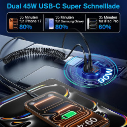 Abetcabe Allume Cigare USB C, 90W 4 en 1 USB-C Charge Rapide Chargeur Voiture PPS PD 45W, Compatible avec iPhone 17 16 15 14, Ga